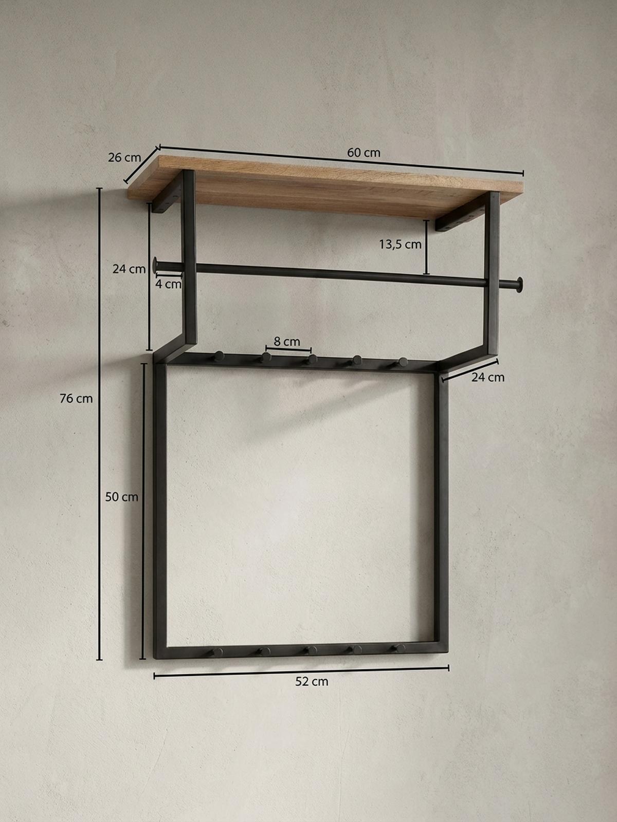 WANDGARDEROBE Massivholz Metall Modern mit 10 Haken, Kleiderstange und Ablage - Schwarz, Holz/Metall (60/76/26cm) - KADIMA DESIGN