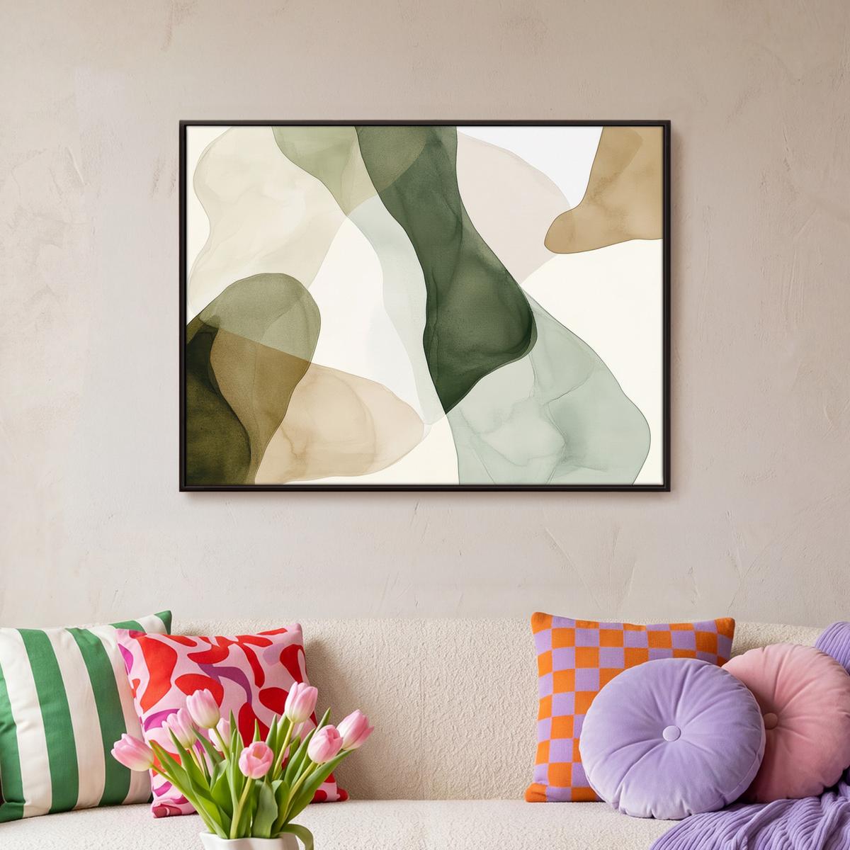 LEINWAND Bilder mit Rahmen - Japandi - Abstrakt - Grün - 80x60 - Salbeigrün, Textil (80/60cm) - MuchoWow