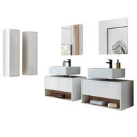 BADMÖBEL-SET 6-teilig weiß Hochglanz, Eiche, Badezimmer Komplettset mit LED Beleuchtung 250 cm - Weiß Hochglanz/Eichefarben, Glas/Holzwerkstoff (250/190/46cm) - Furn.Design