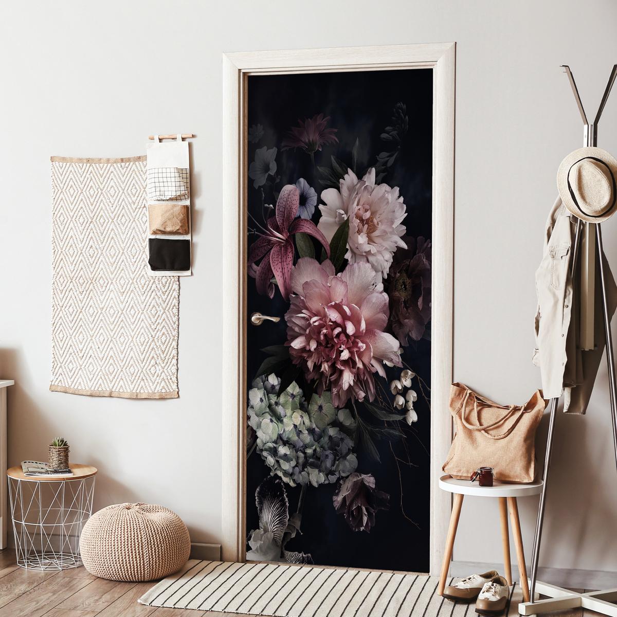 TÜRAUFKLEBER Blumen - Vintage - Pastell - Rosa - Weiß 80x215 cm - Türtapete - Altrosa, Kunststoff (80/0.1cm) - MuchoWow