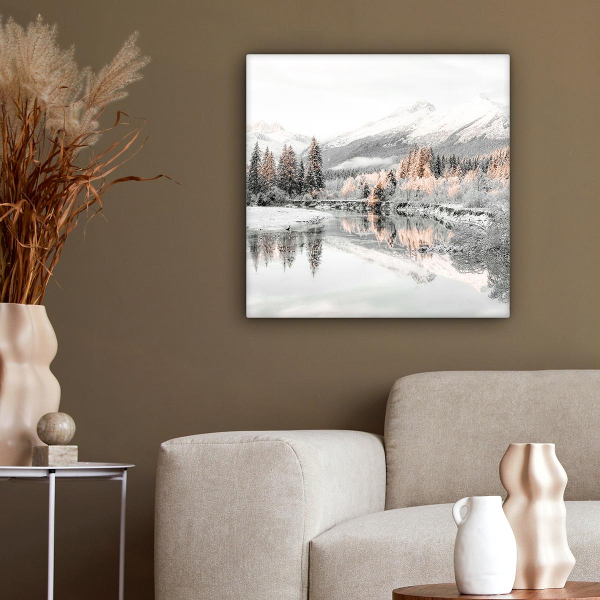 LEINWANDBILD Natur - Winter - Bäume - Berge - Schnee Wandbild Wohnzimmer 50x50 cm - Weiß Hochglanz, Textil (50/50cm) - MuchoWow