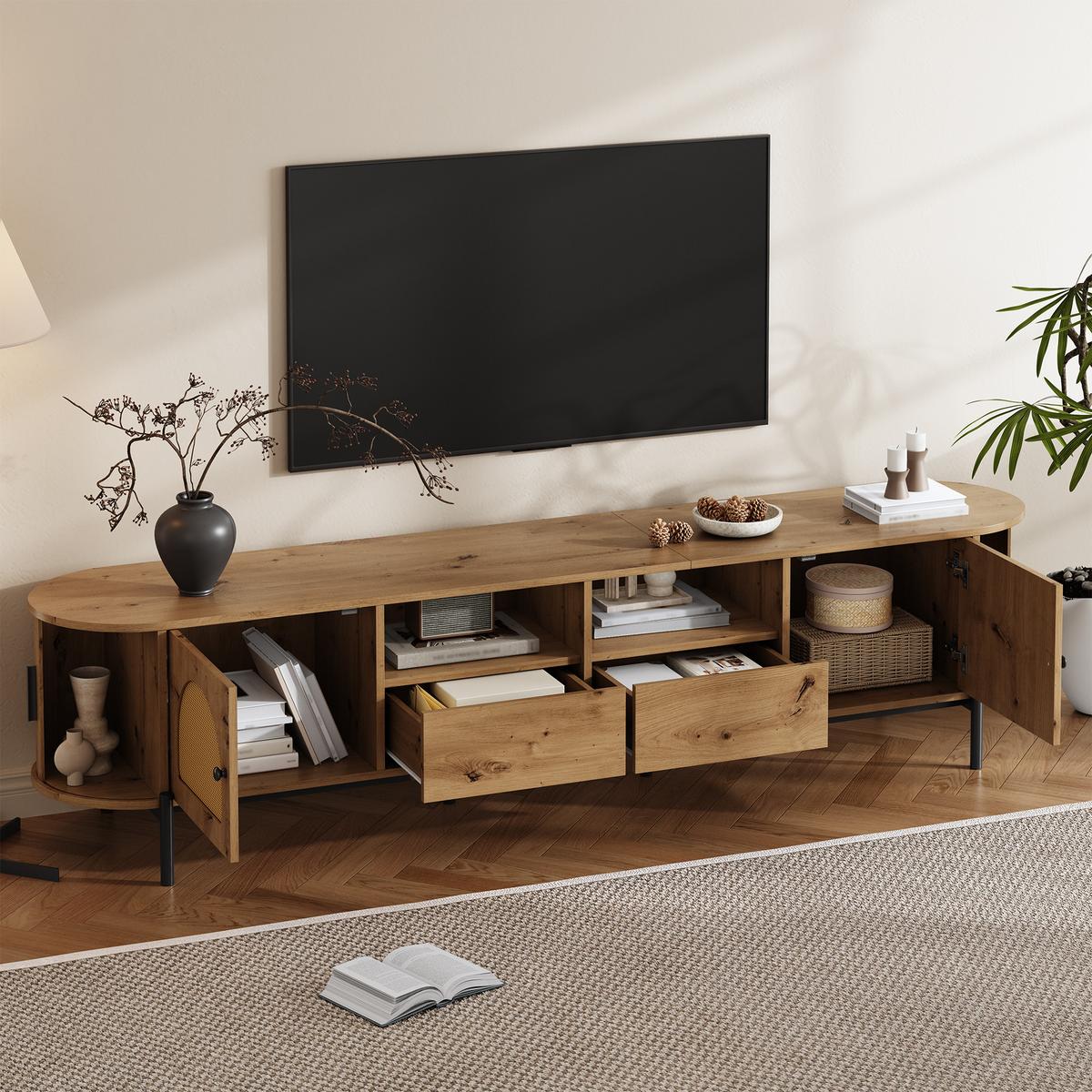 TV-LOWBOARD in holzoptik mit rattan, ovale form und viel stauraum - Naturfarben, Holzwerkstoff (200/49.5/40cm) - Urban Meuble