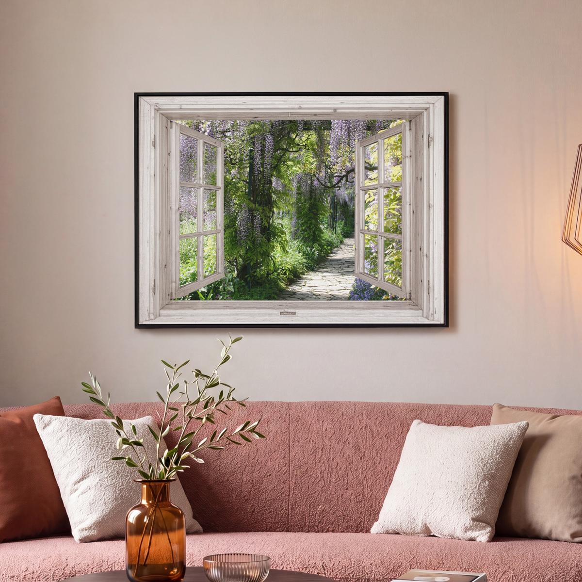 LEINWAND Bilder mit Rahmen - Blauer Regen - Blumen - Aussicht - Baum - Frühling - 80x60 - Grün, Textil (80/60cm) - MuchoWow