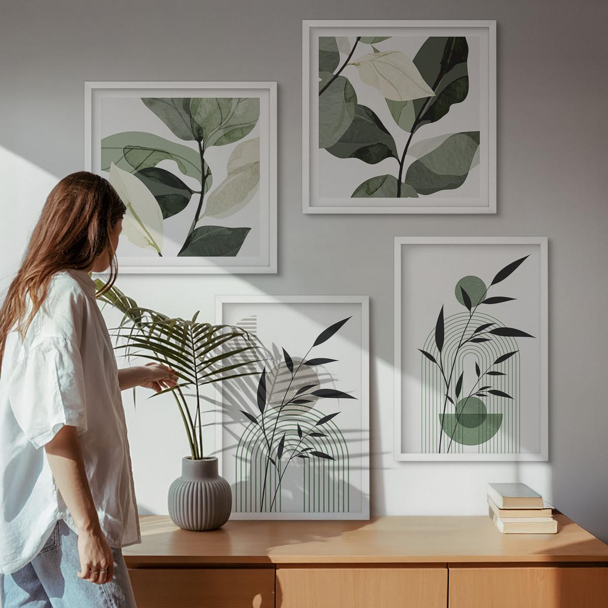 BILDER SET 4er Set - 50x50 cm & 40x60 cm Weißer Rahmen - Boho-Pflanzenkompositionen - Weiß, Kunststoff (50/50cm) - TULUP