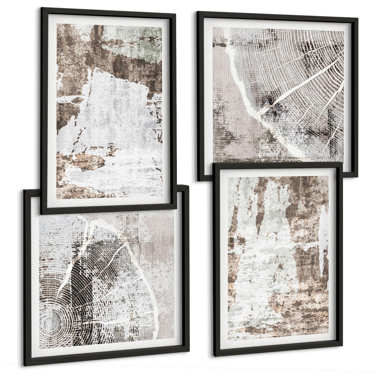 BILDER SET 4er Set - 50x50 cm & 40x60 cm Schwarzer Rahmen - Abstrakte Muster, weiß, braun - Schwarz, Kunststoff (50/50cm) - TULUP