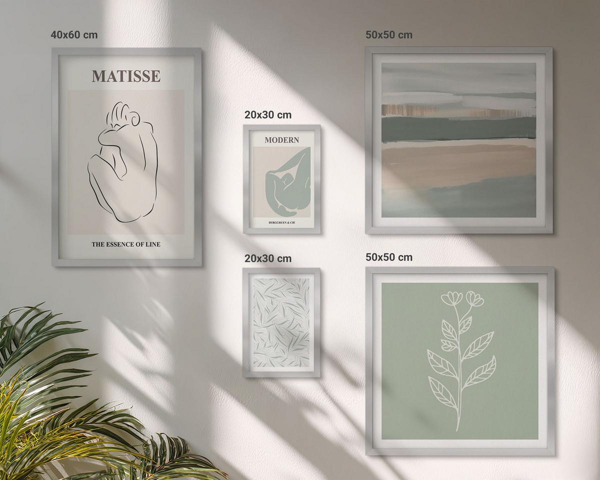 BILDER SET 5er Set - 50x50 cm & 20x30 cm & 40x60 cm Silberner Rahmen - Abstrakte Pflanzenformen - Silberfarben, Kunststoff (40/60cm) - TULUP