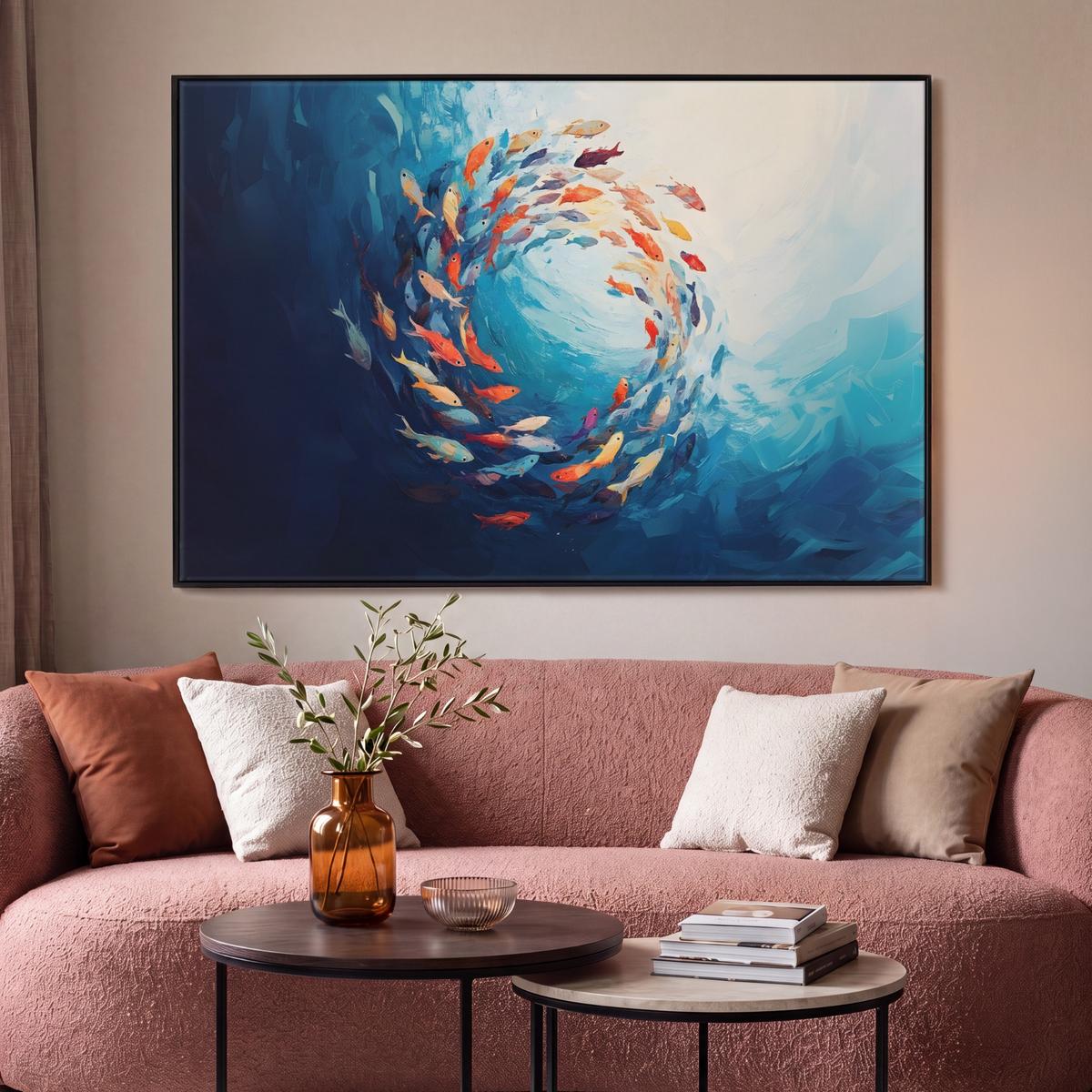 LEINWAND Bilder mit Rahmen - Meer - Fische - Bunt - Dynamisch - 140x90 - Hellblau, Textil (140/90cm) - MuchoWow