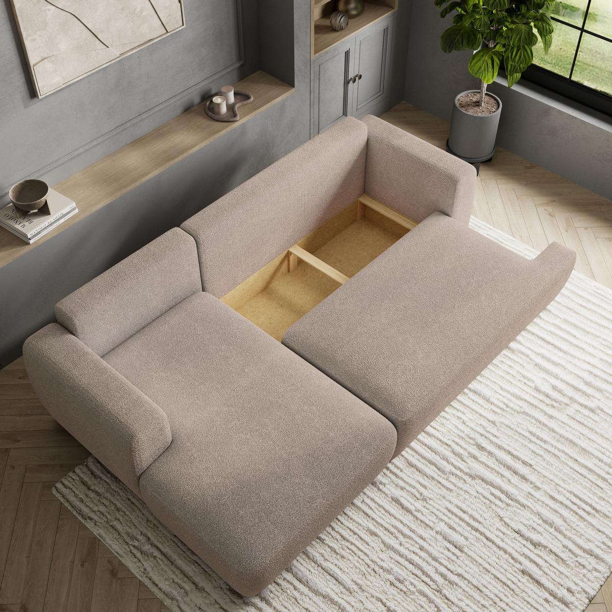 ECKSOFA SENTI N L-S Beige Boucle-Stoff mit Schlaffunktion - Beige/Schwarz, Holz/Kunststoff (246/148cm) - MASSENO