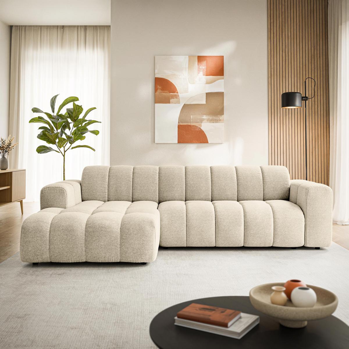 ECKSOFA SETIA Creme Strukturstoff mit Schlaffunktion - Creme, Holz (304/165cm) - MASSENO