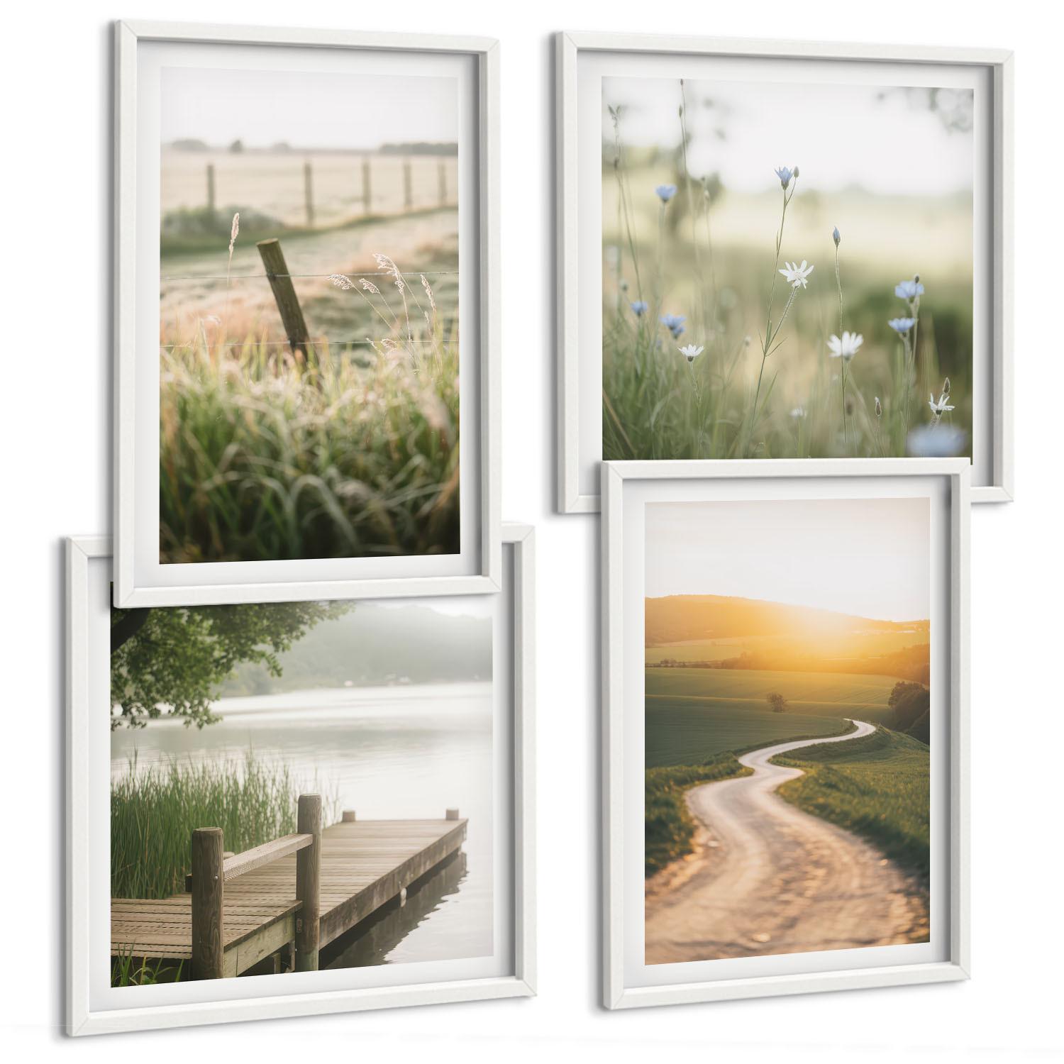 BILDER SET 4er Set - 50x50 cm & 40x60 cm Weißer Rahmen - Landschaftswiesenstraße West - Weiß, Kunststoff (50/50cm) - TULUP