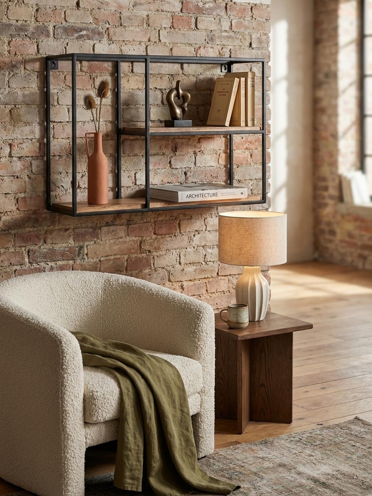 WANDREGAL Mango Massivholz Industrial Stil 60x40x18 cm - Beige/Schwarz, Holz/Metall (60/40/18cm) - KADIMA DESIGN