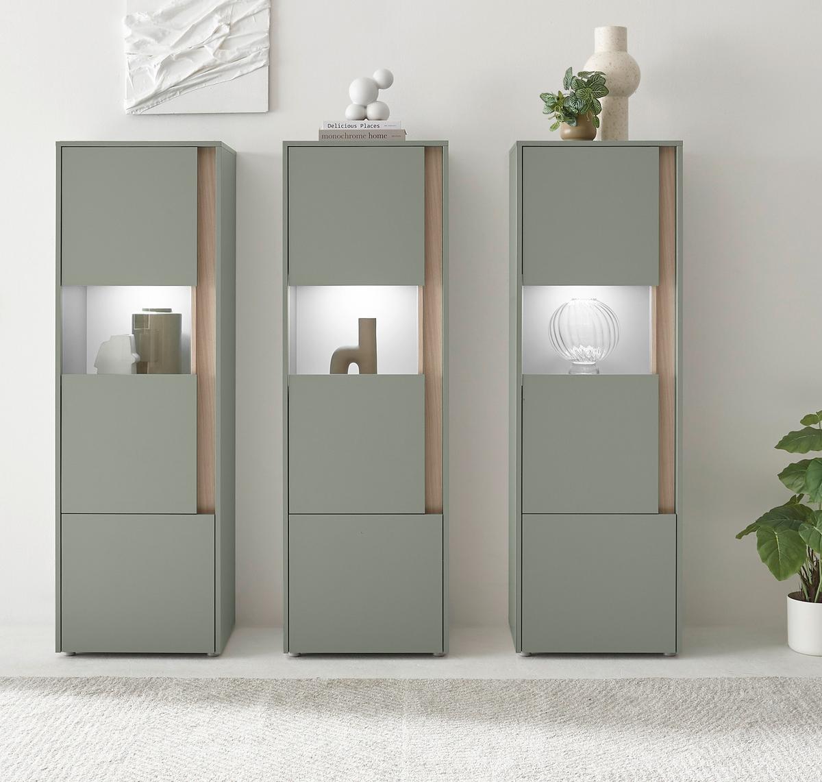 SCHRANK-SET Salbei grün, Barista Eiche 190 cm, Vitrinen-Set mit 3x Vitrine je 50x 155 cm - Salbeigrün/Eichefarben, Glas/Holzwerkstoff (190/155/40cm) - Furn.Design