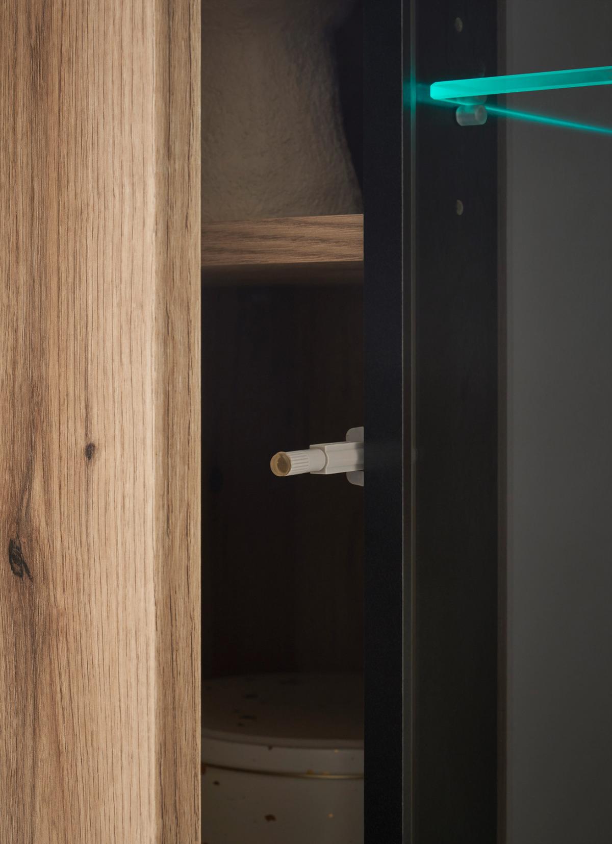 VITRINE Eiche Evoke, großer Vitrinenschrank 90 x 200 cm inklusive Beleuchtung - Eichefarben/Schwarz, Glas/Holzwerkstoff (90/200/37cm) - Furn.Design