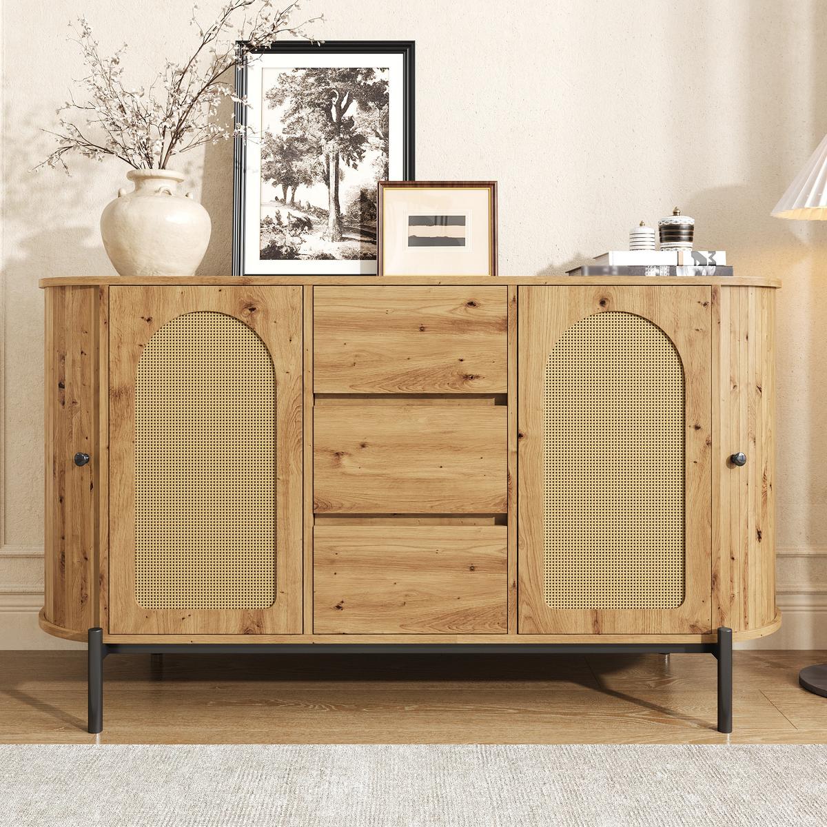 SIDEBOARD in holzoptik mit rattan, ovale form und verstellbaren fächern - Naturfarben, Holzwerkstoff (140/77.5/38cm) - Urban Meuble