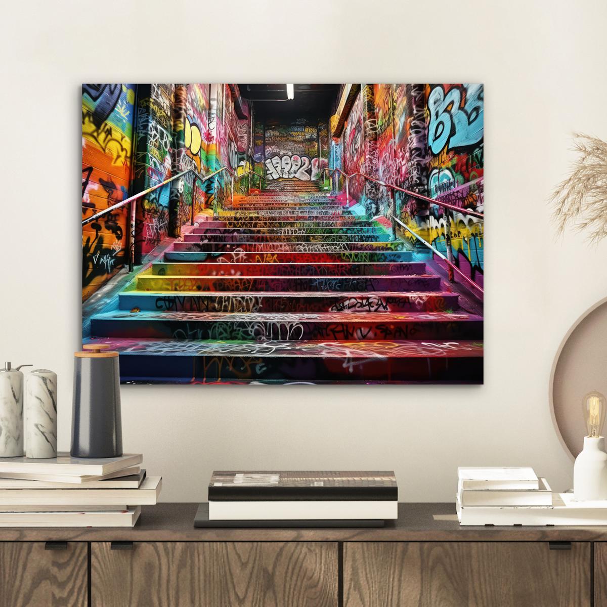 METALLBILD Treppe - Graffiti - Farben - Kunst 40x30 cm - Multicolor, Metall (40/30cm) - MuchoWow