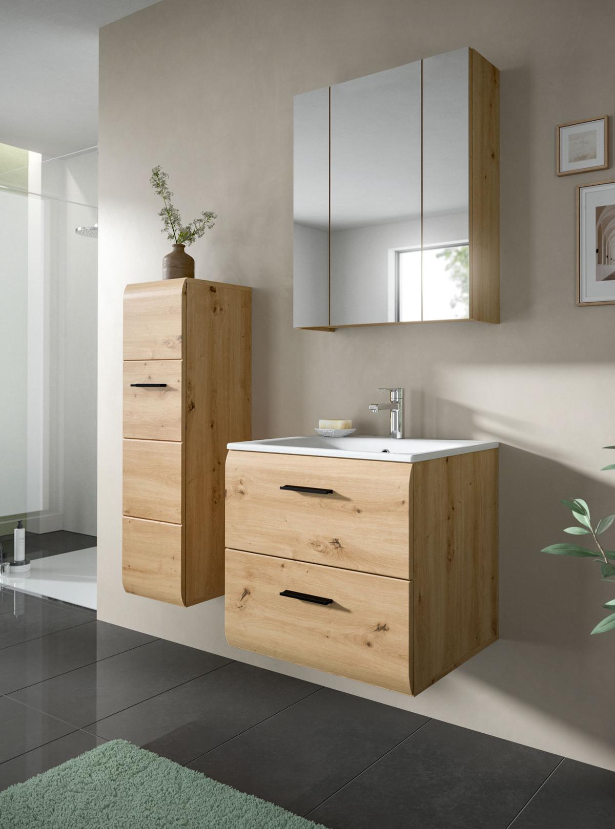 WASCHTISCH inklusive Waschbecken, Waschbeckenunterschrank Eiche hängend 60 cm - Schwarz/Eiche Artisan, Keramik/Holzwerkstoff (60/55/46cm) - Inn.Furn