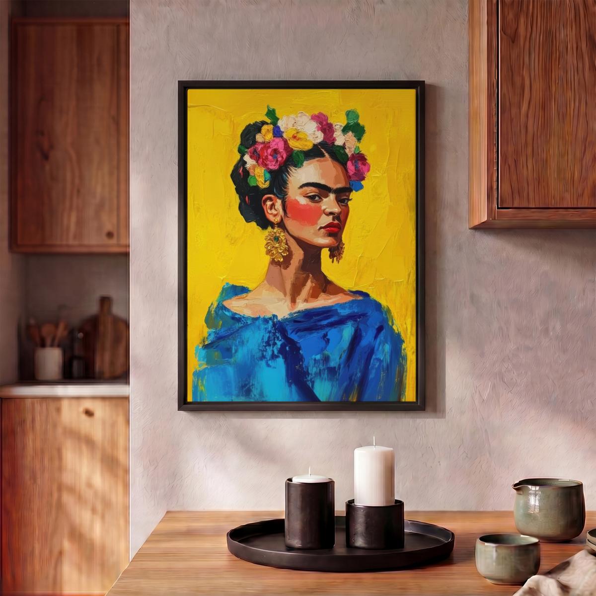 LEINWAND Bilder mit Rahmen - Frida Kahlo - Frau - Gelb - Blau - Blumen - 30x40 - Gelb, Textil (30/40cm) - MuchoWow
