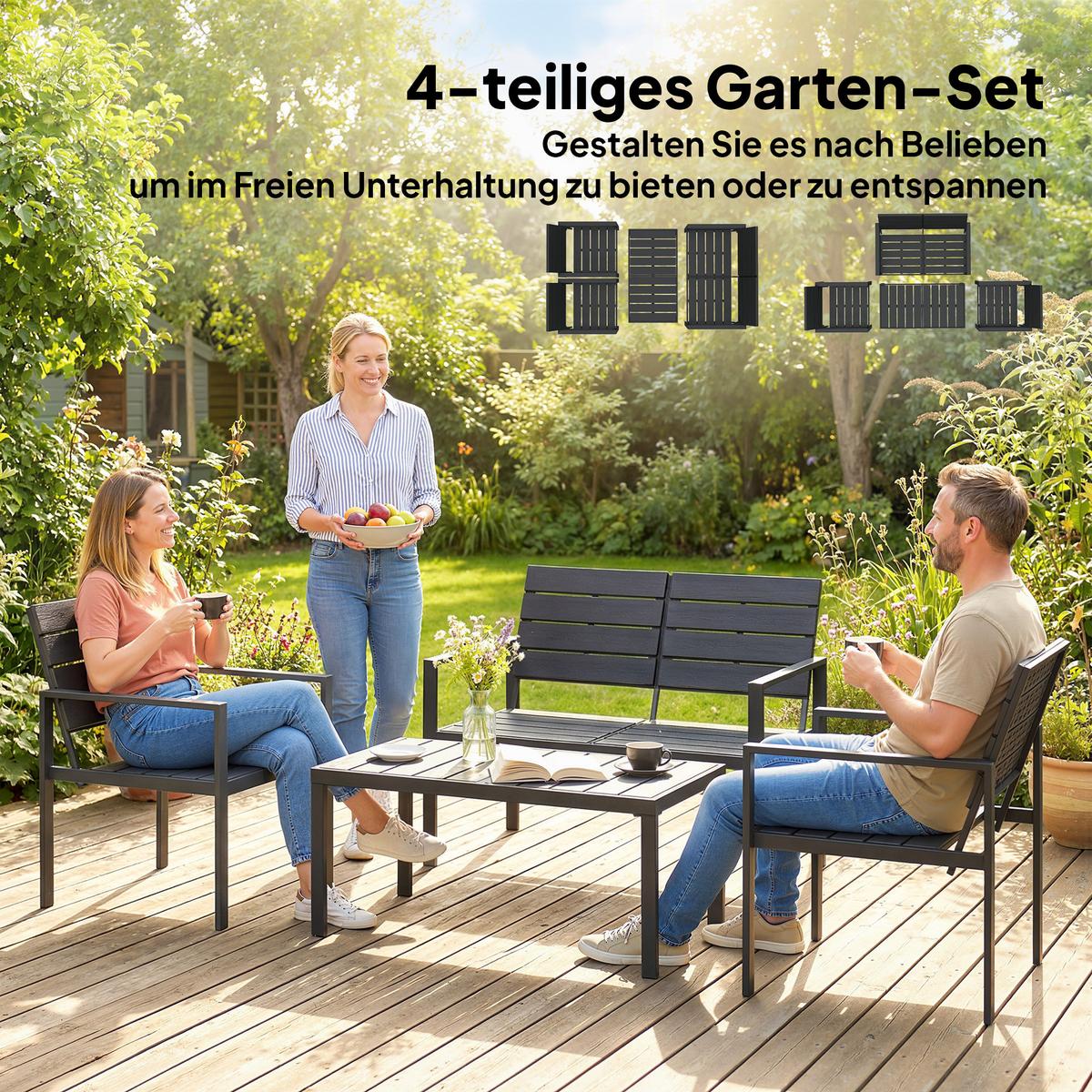 BALKONMÖBEL-SET 4er Set HDPE Metall Schwarz - Schwarz, Metall - Outsunny