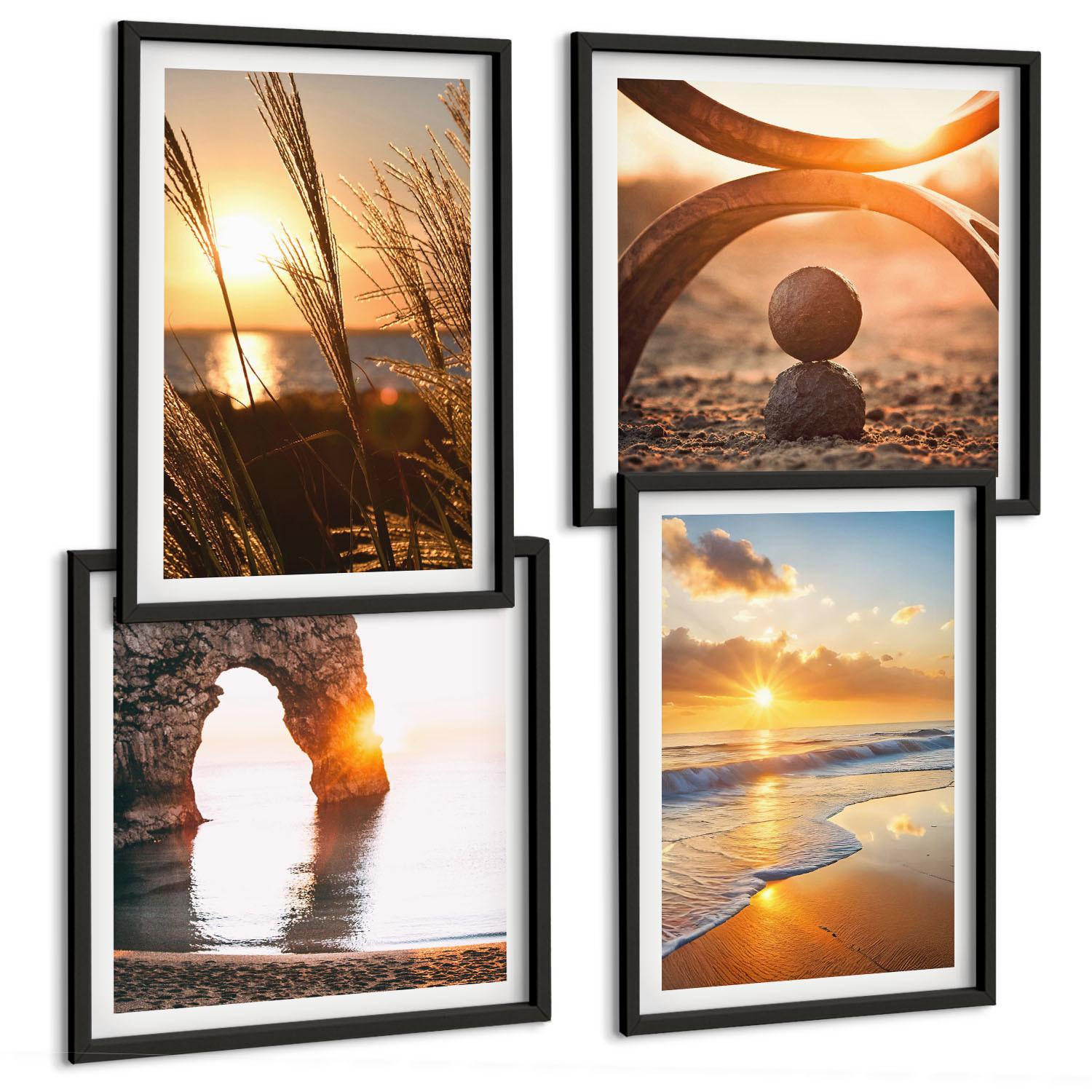 BILDER SET 4er Set - 50x50 cm & 40x60 cm Schwarzer Rahmen - Ruhige Landschaften am Strand der Sonne - Schwarz, Kunststoff (50/50cm) - TULUP