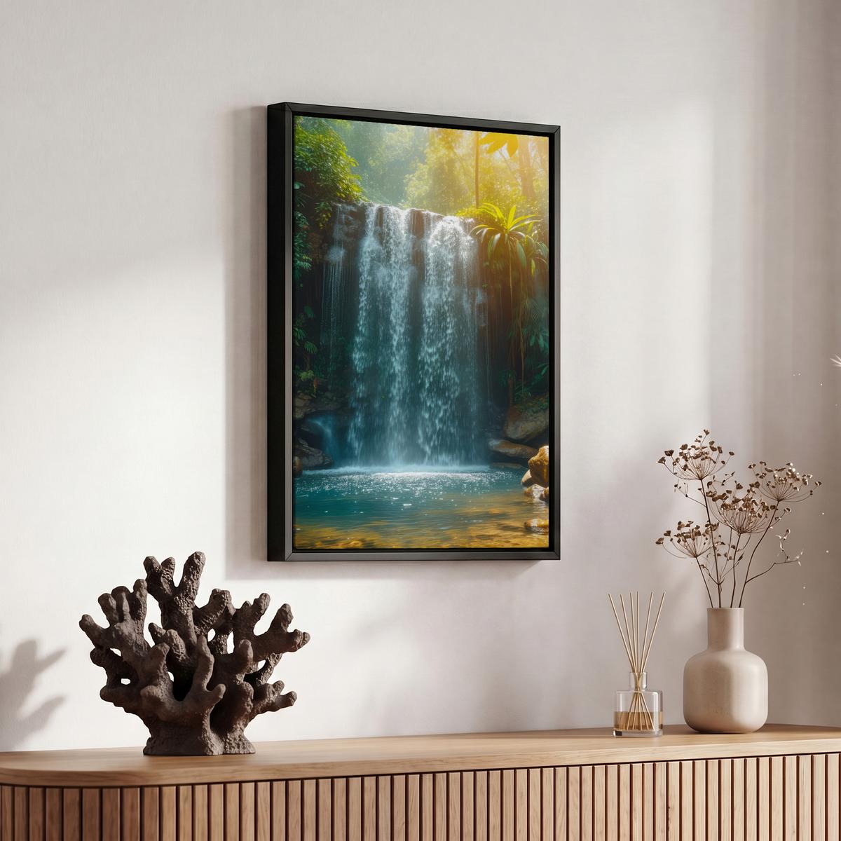 LEINWAND Bilder mit Rahmen - Wasserfall - Dschungel - Sonne - Grün - Natur - 20x30 - Grün, Textil (20/30cm) - MuchoWow