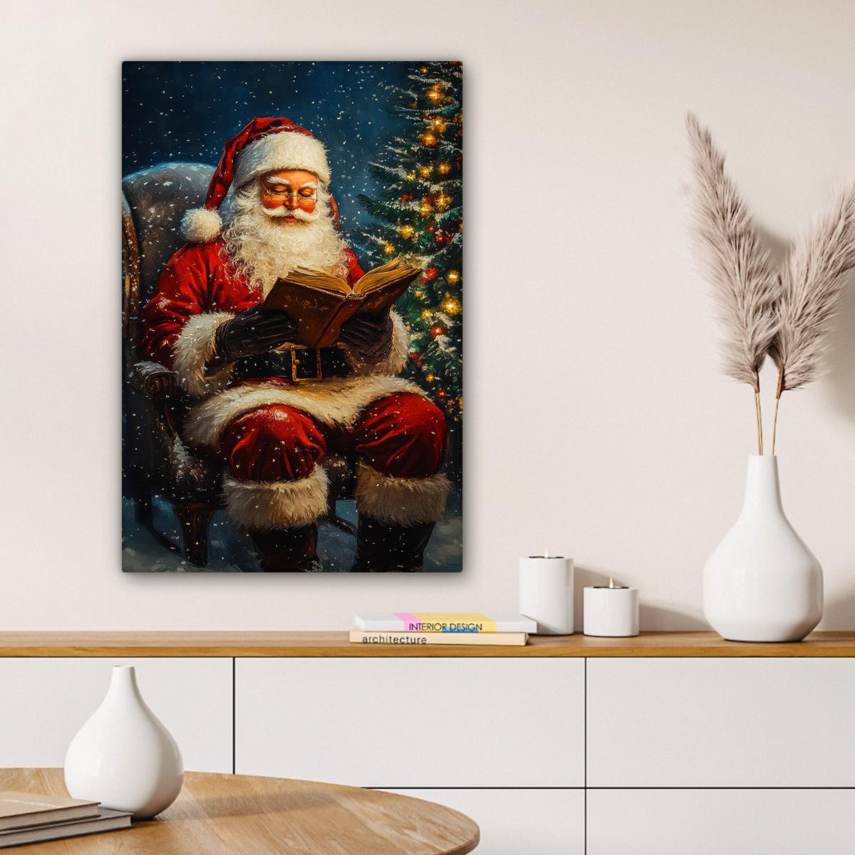LEINWANDBILD Weihnachtsmann - Weihnachten - Winter - Weihnachtsbaum Wanddeko Schlafzimmer 60x90 cm - Bordeaux, Textil (60/90cm) - MuchoWow