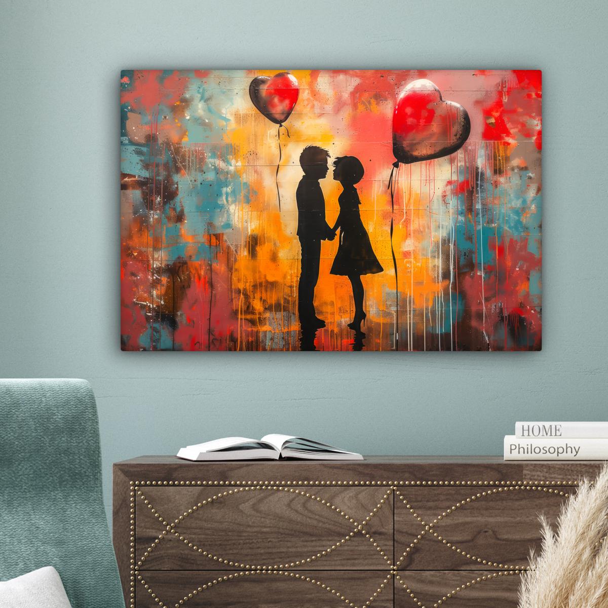 LEINWANDBILD Straßenkunst - Liebe - Graffiti - Kunst - Banksy Gemälde 60x40 cm - Orange, Textil (60/40cm) - MuchoWow