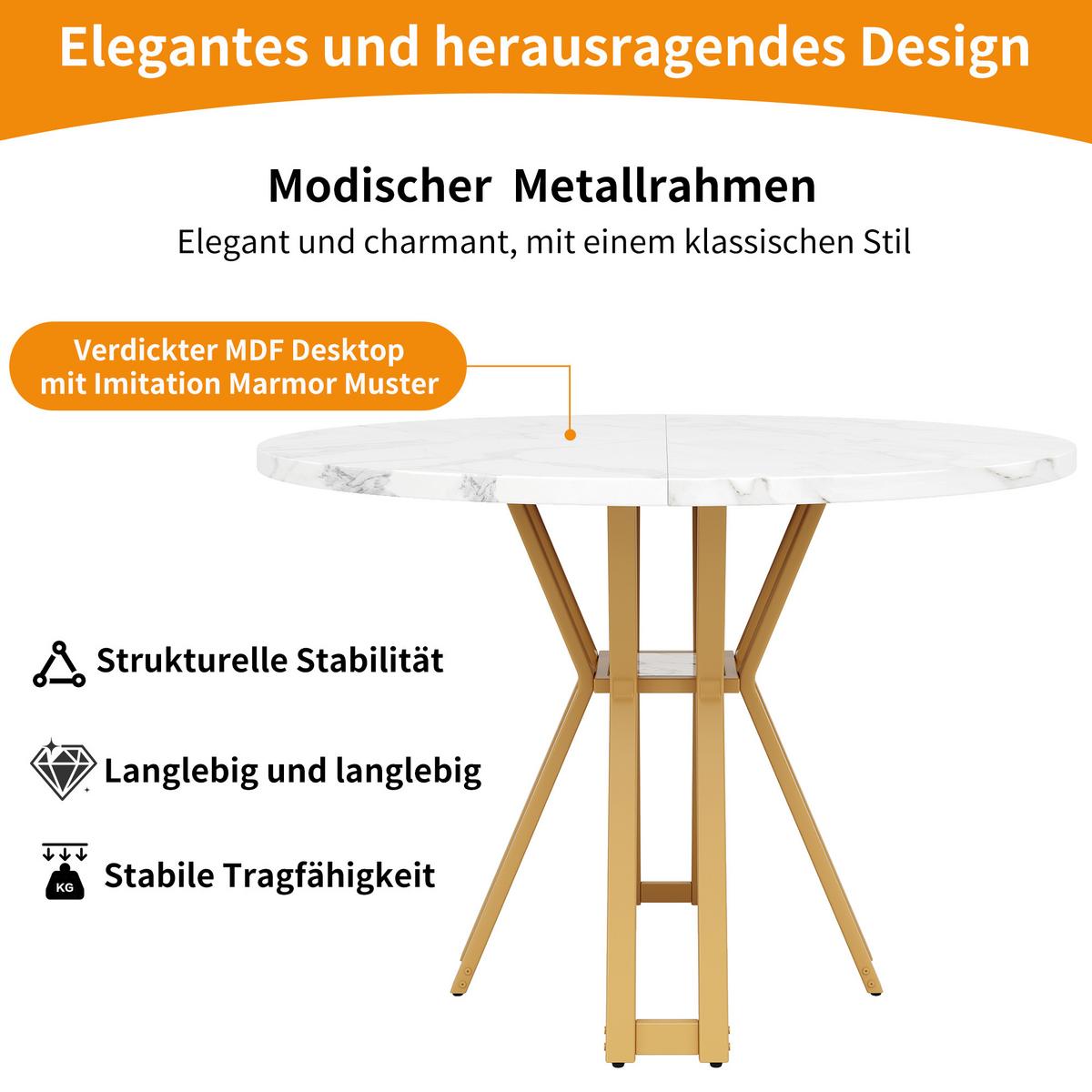 OKRÚHLY JEDÁLENSKÝ STÔL – biely mramorový vzhľad so zlatými nohami - Weiß, Holzwerkstoff/Metall (100/100/76cm) - Urban Meuble