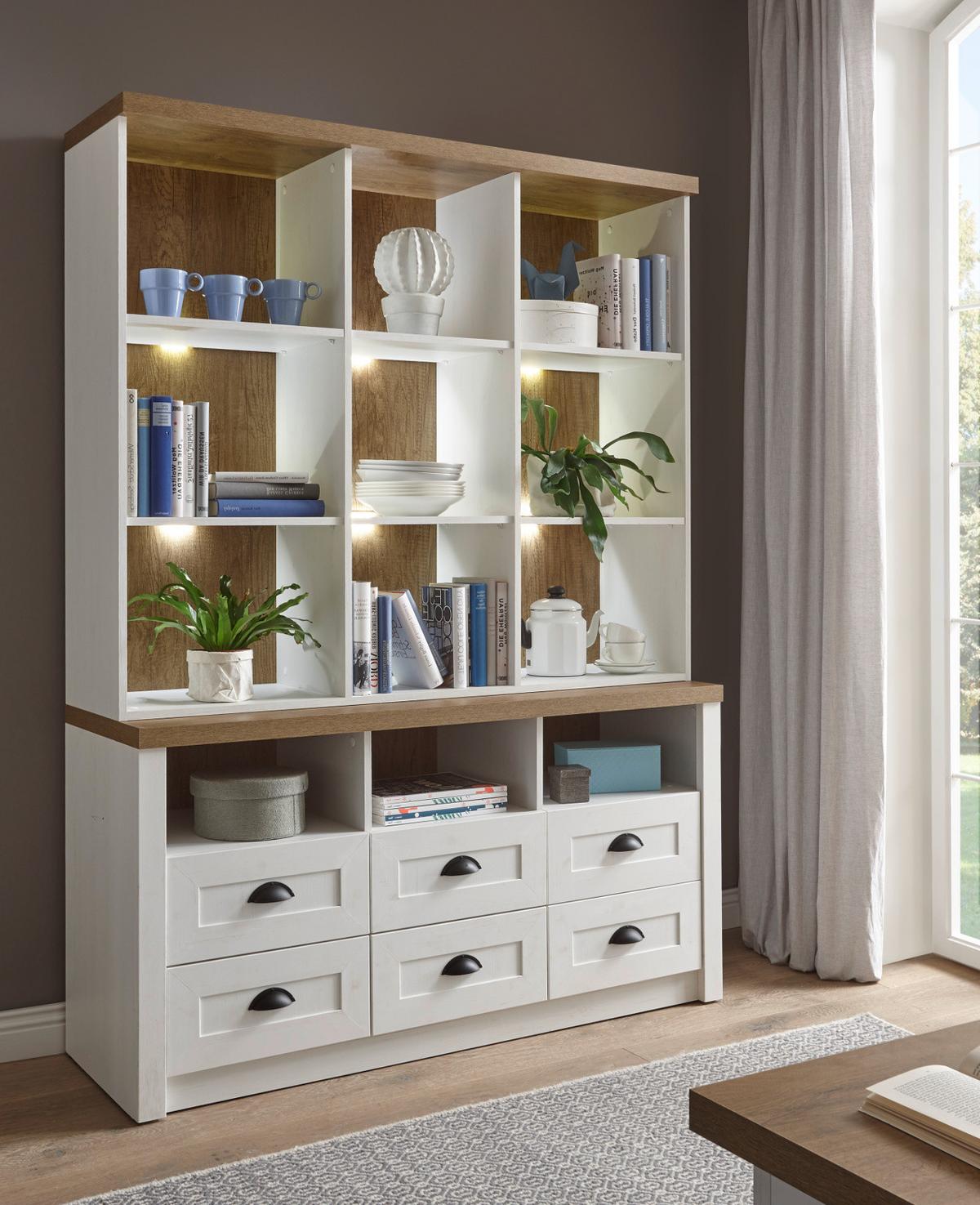 BUFFETSCHRANK weiß Pinie, Eiche hell Landhaus, Buffet 130 x 179 cm - Eichefarben/Schwarz, Holzwerkstoff/Metall (130/179/43cm) - Furn.Design