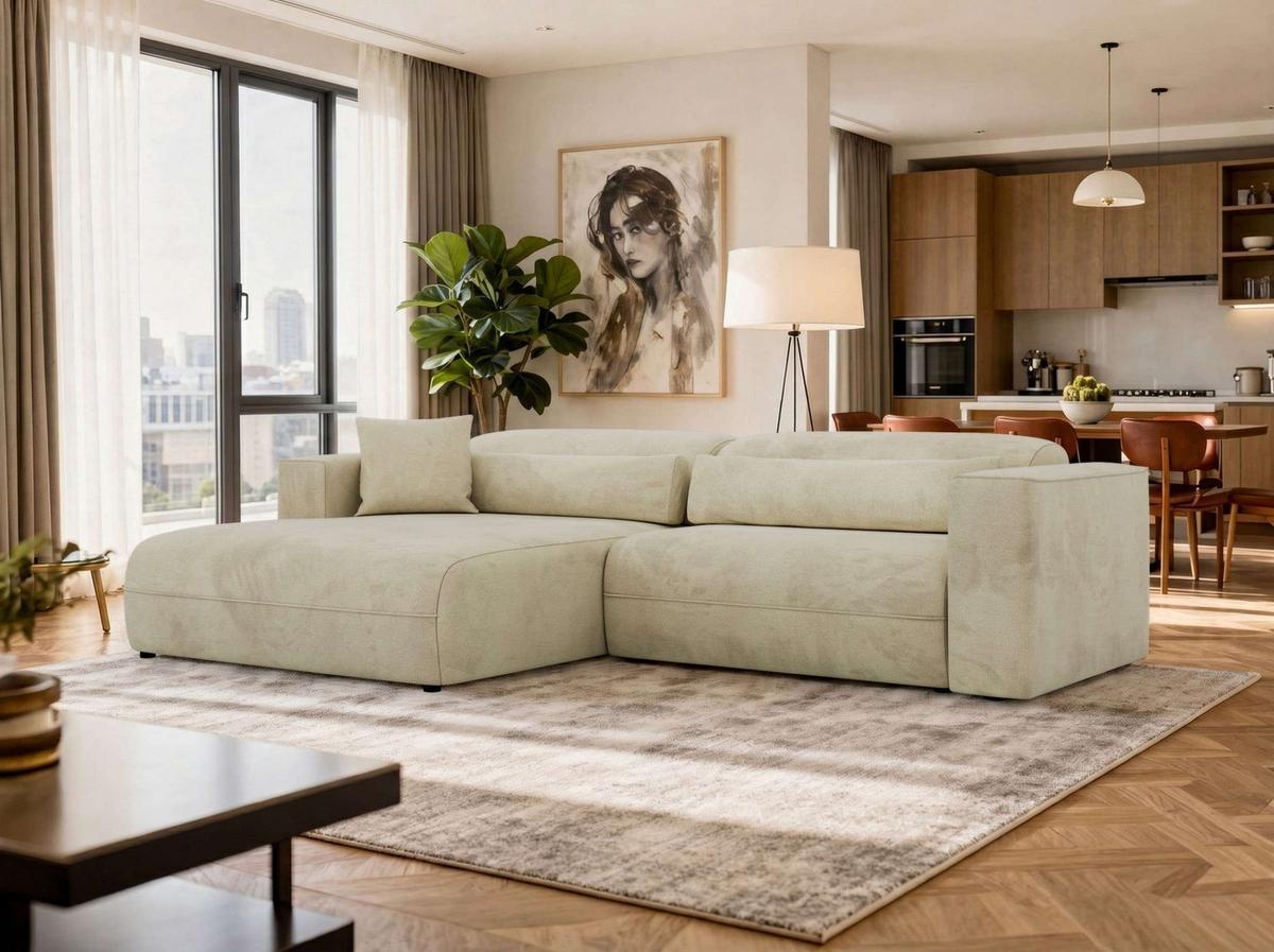 ECKSOFA PAZURRO L - Beige Velvet - Links Seite - Beige/Schwarz, Kunststoff/Textil (288/180cm) - MKS