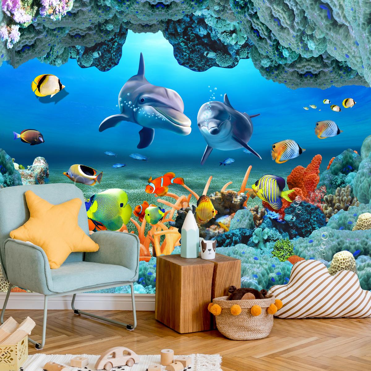 FOTOTAPETE für Badezimmer Unterwasser Korallenriff Delfin Fisch 150x105 - Türkis/Gelb, Papier (150/105cm) - Muralo