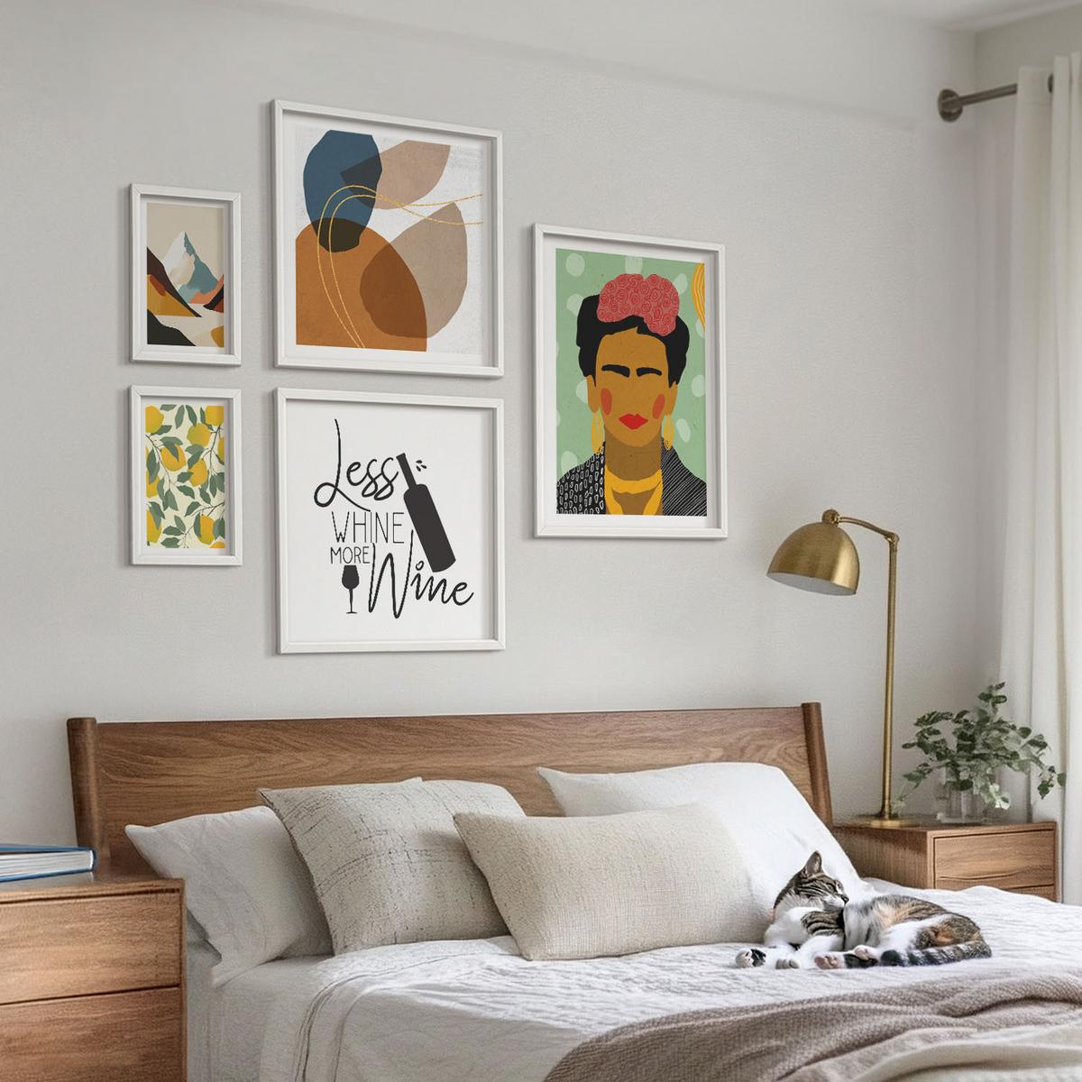 BILDER SET 5er Set - 50x50 cm & 20x30 cm & 40x60 cm Weißer Rahmen - Zitronenweinporträt von Frida - Weiß, Kunststoff (40/60cm) - TULUP