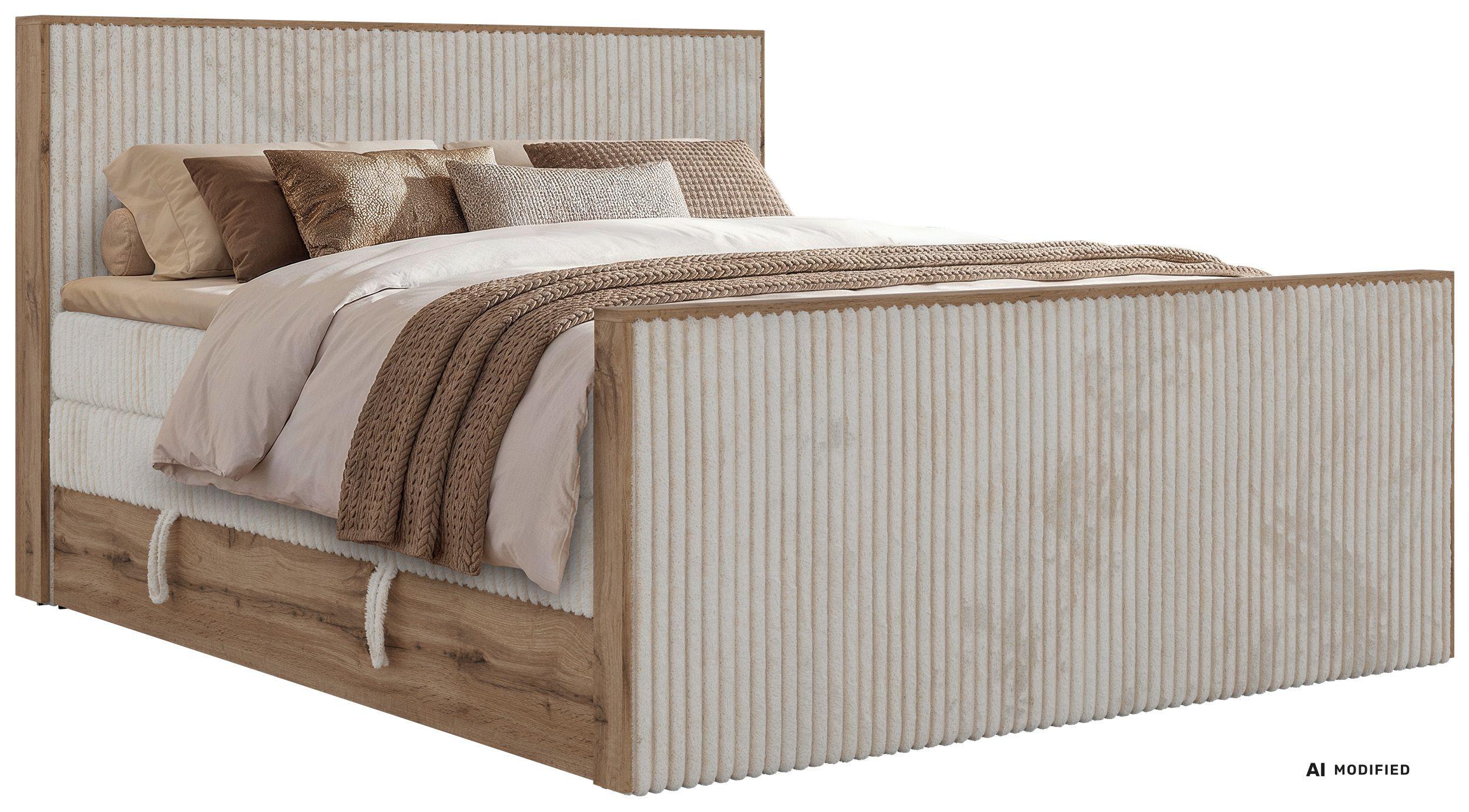 BOXSPRINGBETT WOOD KING DUO 200/200 - Beige Cord - Topper T25 - H4 - Beige/Schwarz, Kunststoff/Textil (200/200cm) - MKS