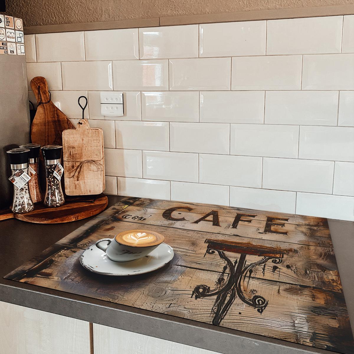 HERDABDECKPLATTE Cafe - Holz - Kaffee - Regale Induktionsmatte 77x59 cm - Schwarz, Kunststoff (77/59/0.2cm) - MuchoWow