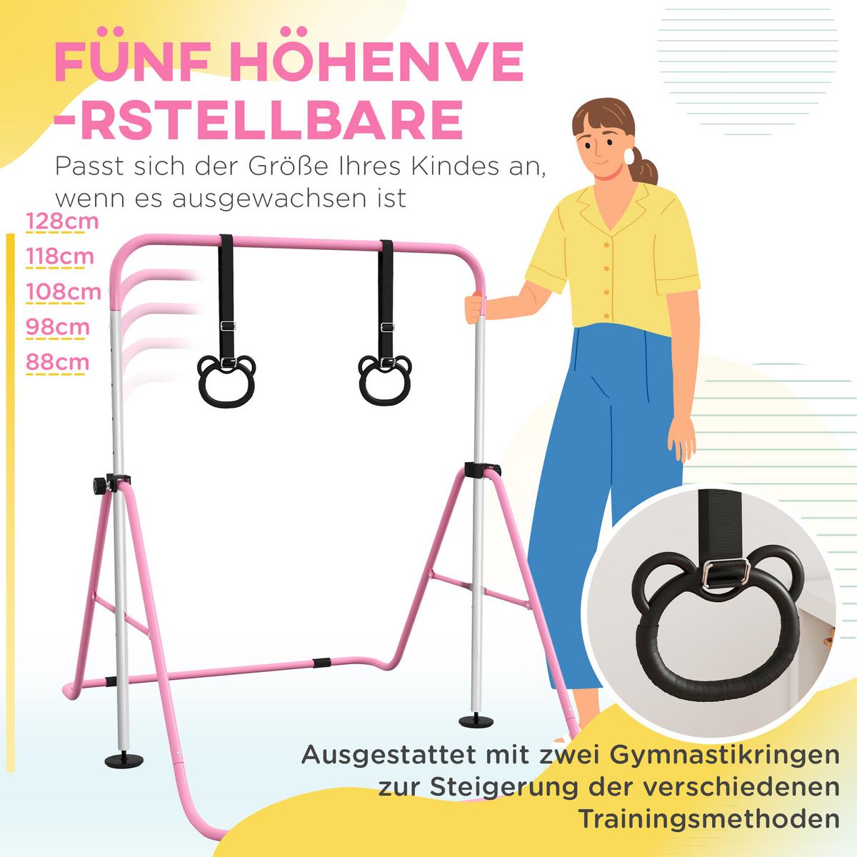 KINDER Gymnastik Turnreck 5-stufige höhenverstellbar Reckstange Stahl Rosa - Rosa, Metall (105/128/148cm) - HOMCOM