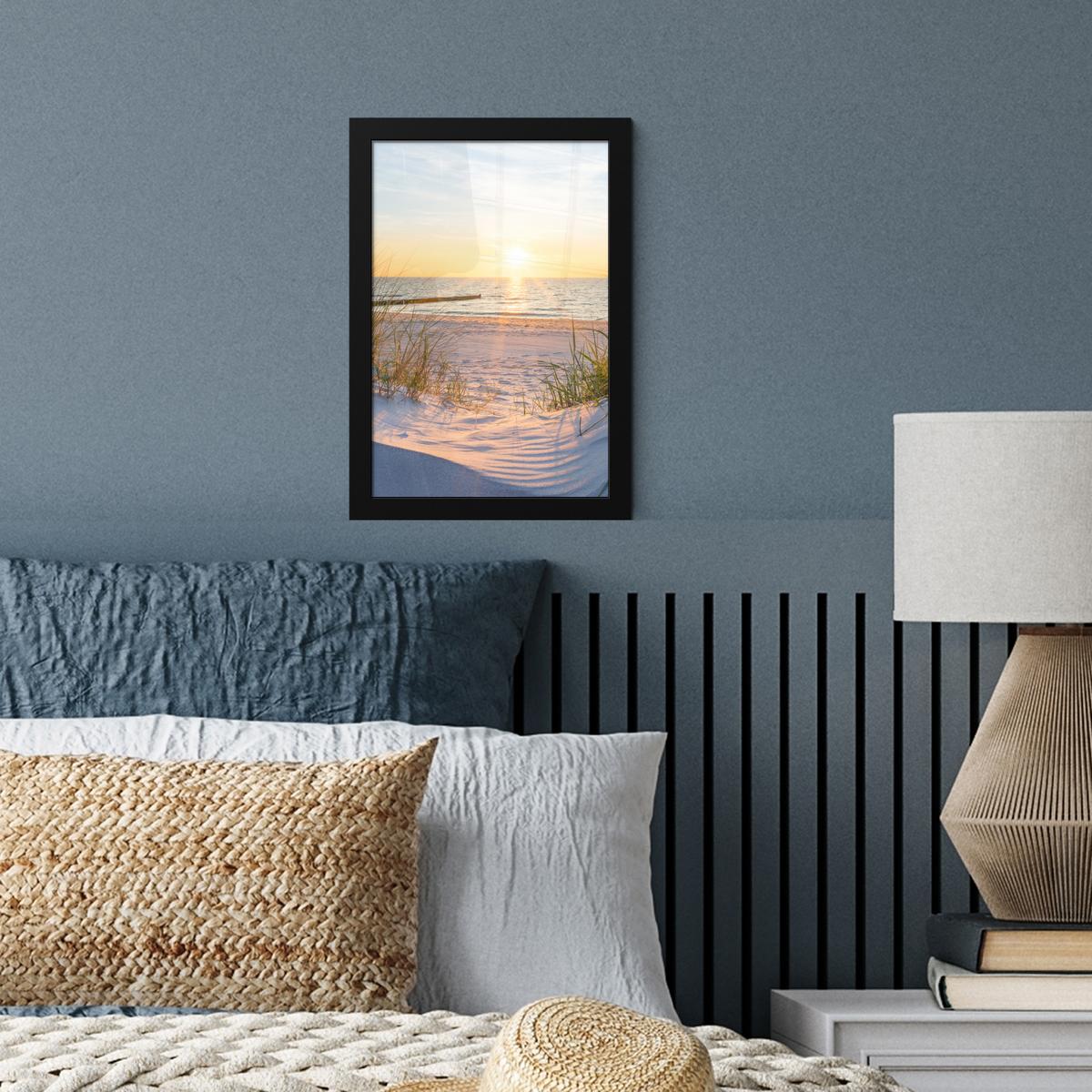 POSTER MIT RAHMEN Strand - Sonne - Düne - Gras - Sand - Horizont Poster 20x30 cm - Hellblau, Papier (20/30cm) - MuchoWow