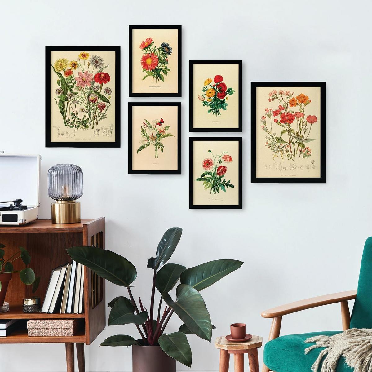 POSTER Set Mit 6 Blumensträuße 2 In Vintage A3 & A4 Schwarzer Rahmen - Schwarz, Papier (29/3cm) - Nacnic