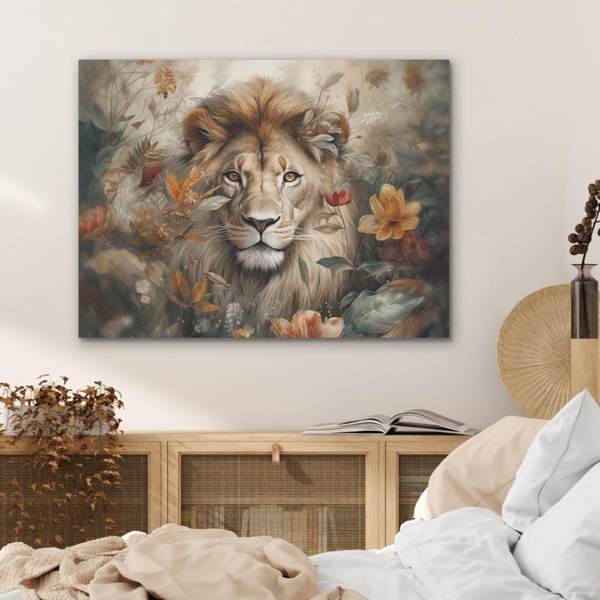 AKUSTIKBILD Löwe - Wildtiere - Pflanzen - Natur - Blumen Gemälde 80x60 cm - Beige, Kunststoff (80/60/0.9cm) - MuchoWow