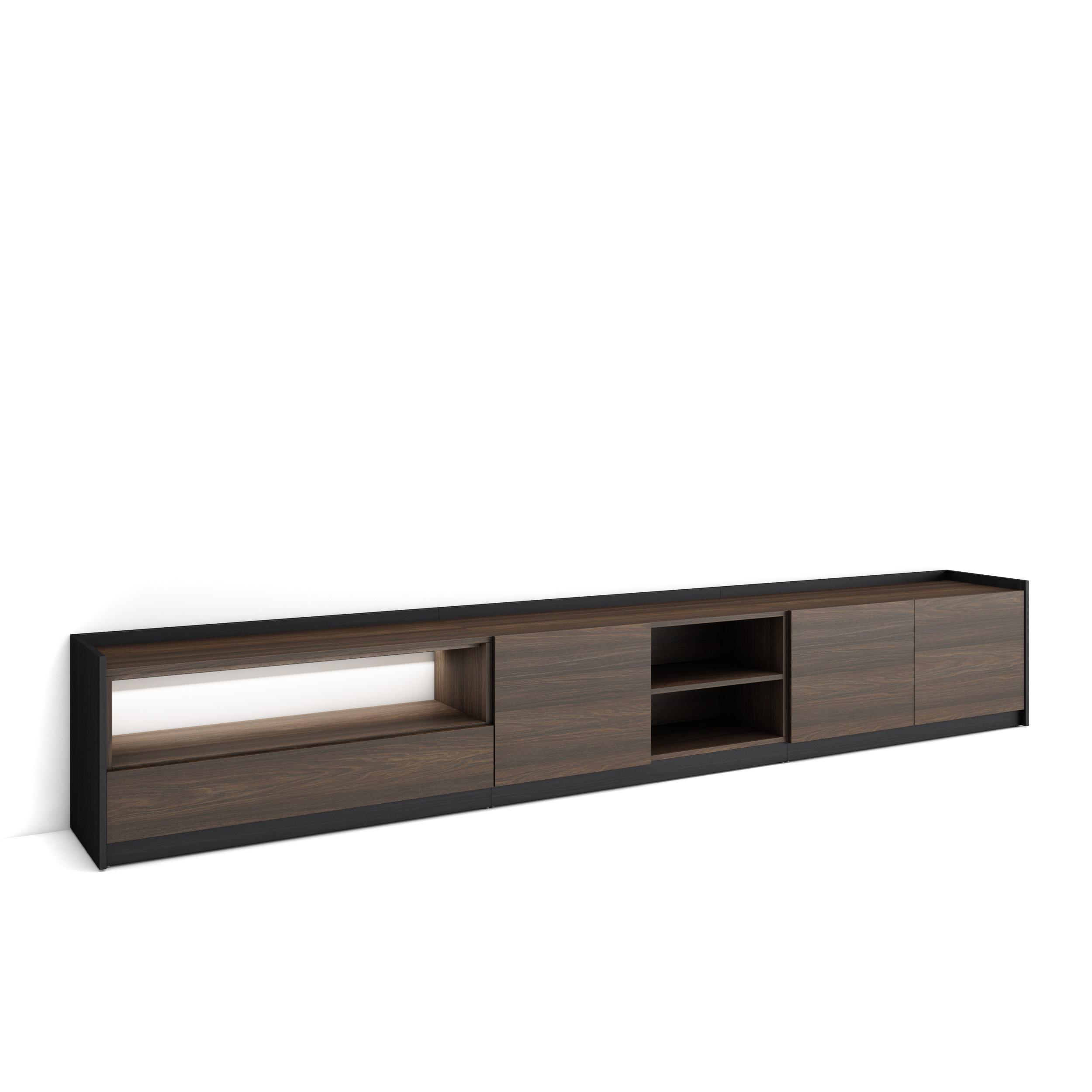 LOWBOARD, Dunkler Eiche und Schwarz, 310/37/50cm, mit Led - Dunkelbraun, Holzwerkstoff (310/50/37cm) - Skraut Home