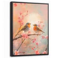 LEINWAND Bilder mit Rahmen - Rotkehlchen - Zierpflanze - Blütenzweig - 30x40 - Hellrosa, Textil (30/40cm) - MuchoWow
