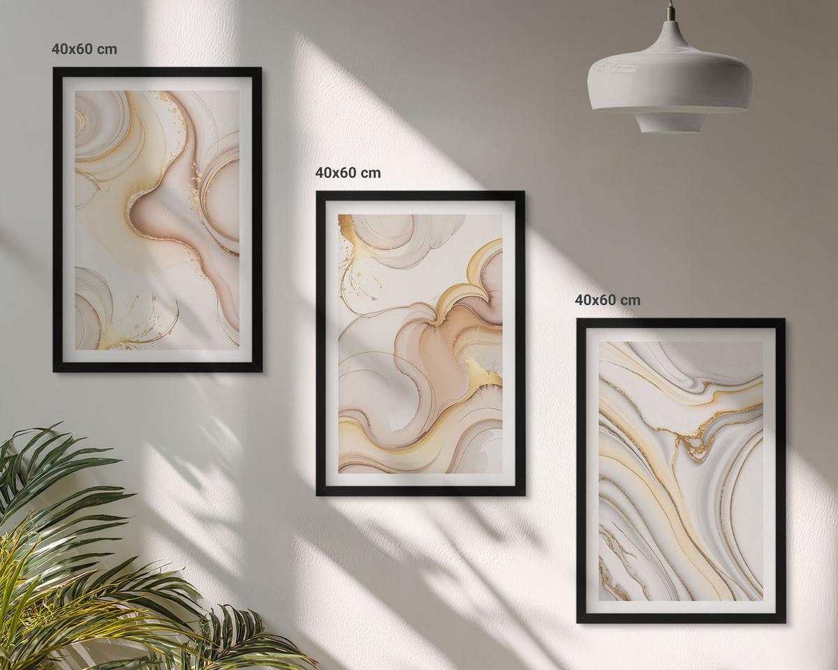 BILDER SET 3er Set - 40x60 cm Schwarzer Rahmen - Lineare abstrakte Motive - Schwarz, Kunststoff (40/60cm) - TULUP