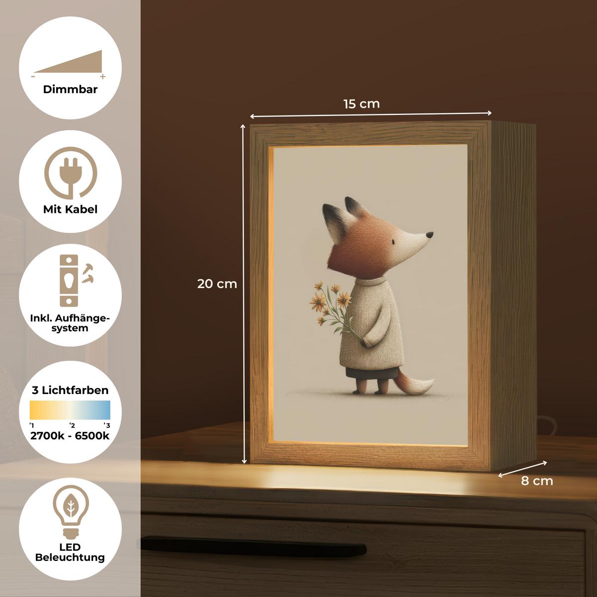 NACHTTISCHLAMPE Fuchs - Gelbe Blumen - Minimalistisch 15x20 cm - Taupe, Holzwerkstoff (8/15/20cm) - OnlyWow