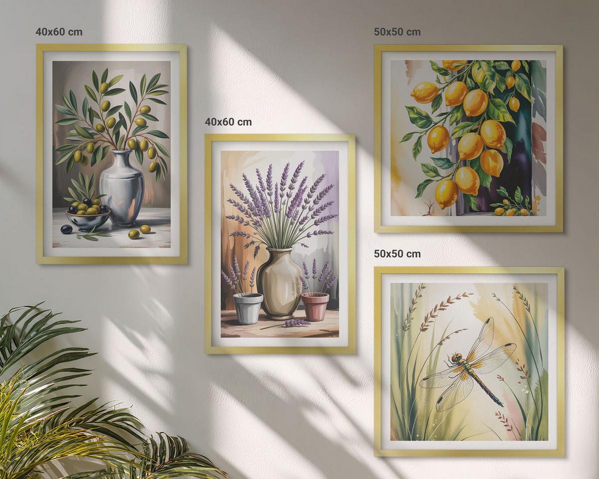 BILDER SET 4er Set - 50x50 cm & 40x60 cm Goldrahmen - Olivenblüten in Vasen Natur - Goldfarben, Kunststoff (50/50cm) - TULUP