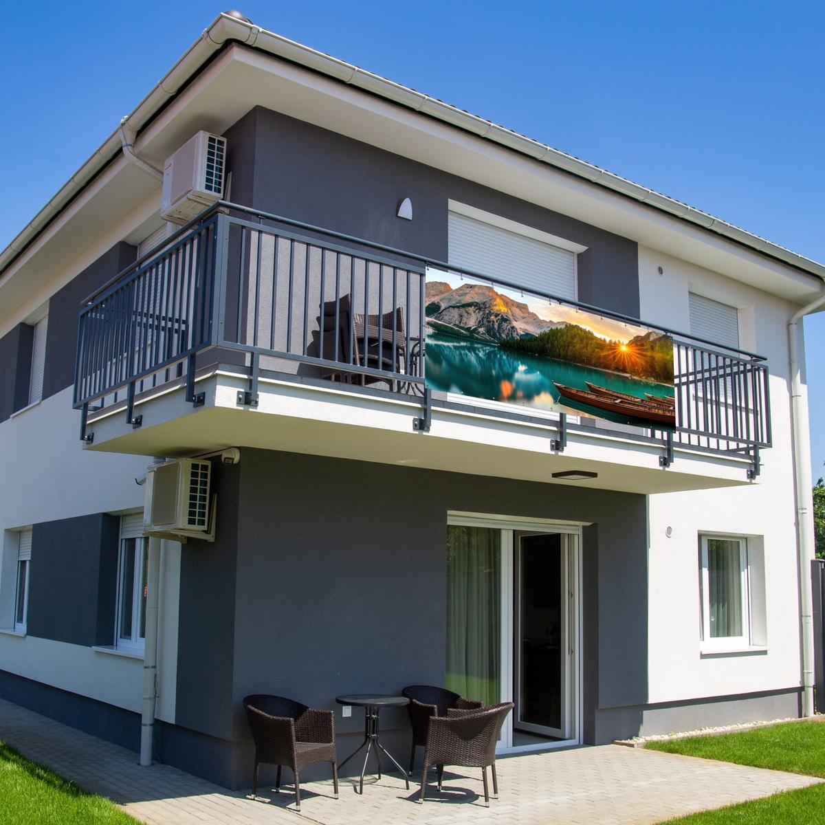 BALKON-SICHTSCHUTZ See - Berge - Sonnenuntergang - Boot Balkon Deko 300x130 cm - Petrol, Kunststoff (300/130cm) - MuchoWow