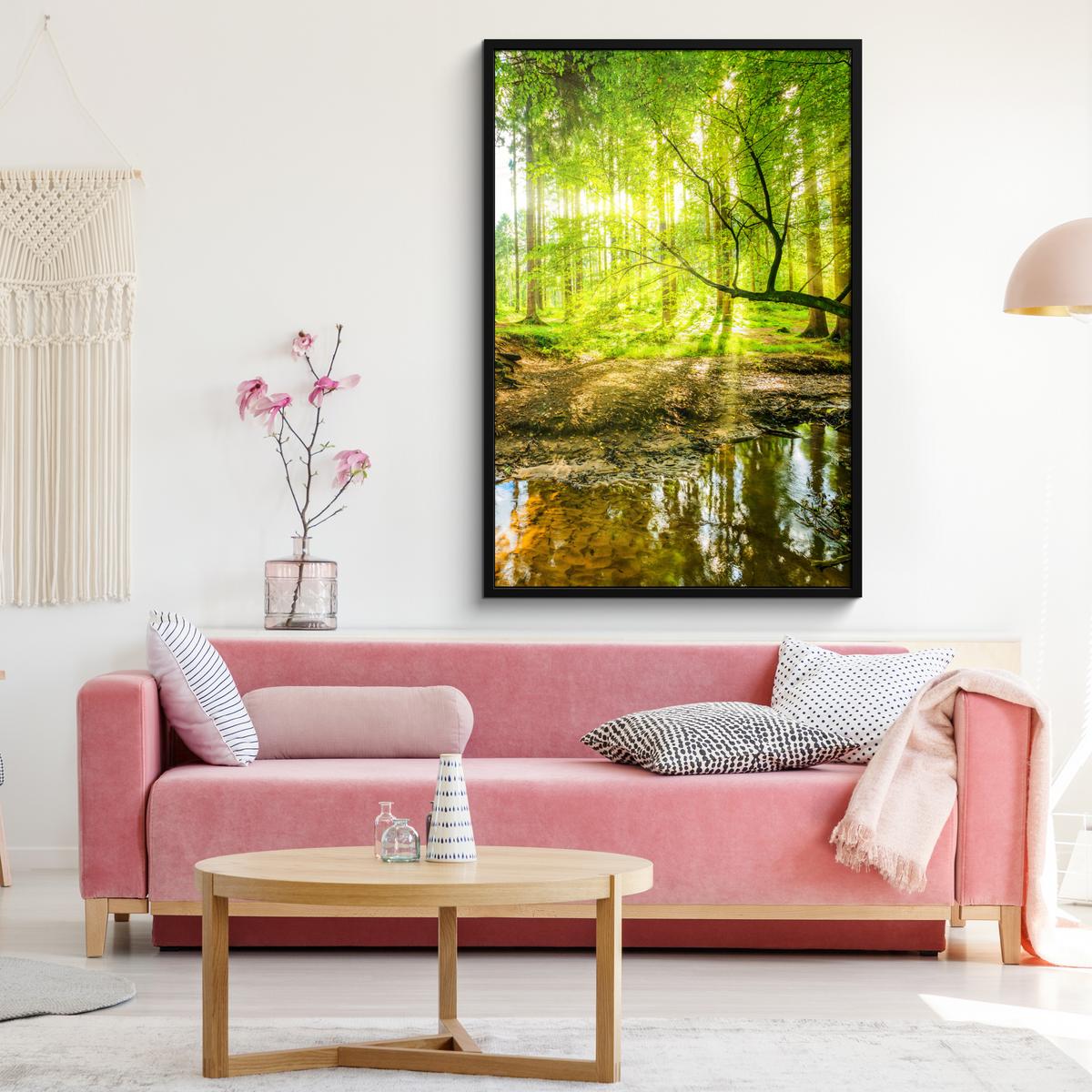 POSTER MIT RAHMENGERAHMTES BILD Wald - Landschaft - Wasser - Bäume - Sonne - Grün - Natur Bilderleiste 80x120 cm - Grün, Papier (80/120cm) - MuchoWow