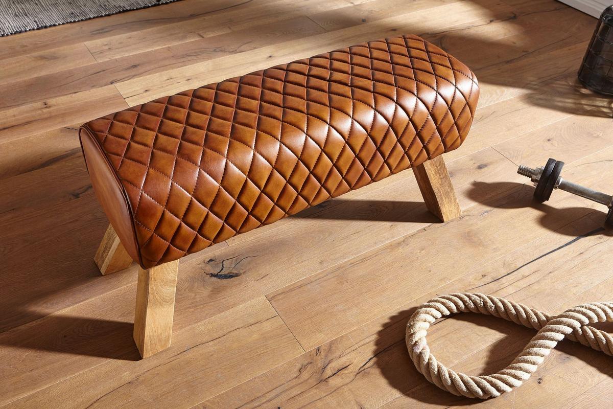 SITZBANK – Leder/Mango Massivholz, ohne Lehne - Braun, Mangoholz/Leder (89/46/35cm) - KADIMA DESIGN