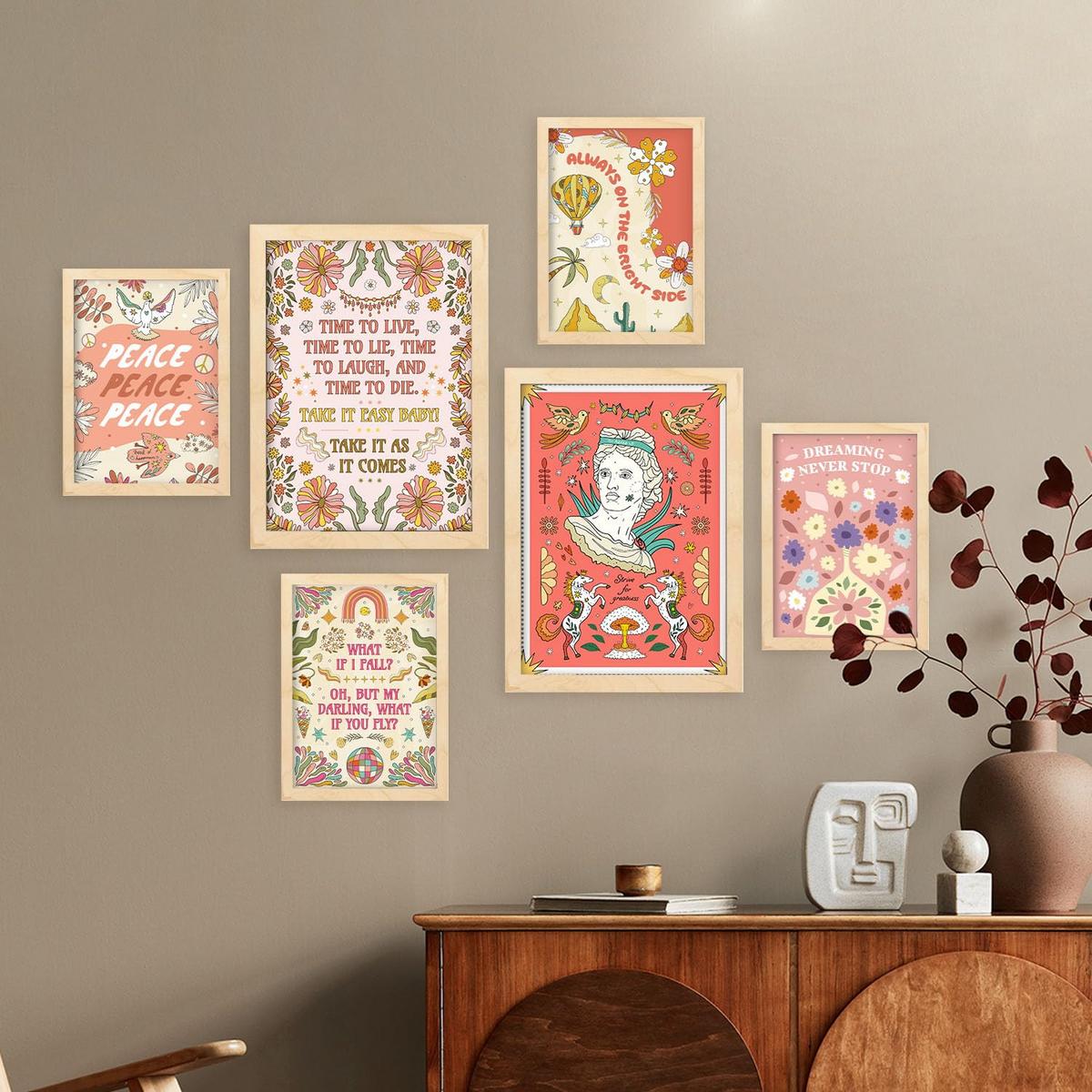 POSTER Set Mit 6 Drucken Von Pink In Brilliant Groovy Style Postersammlung Dekorative Rahmen Für Zuhause Wandkunstdruck A3 & A4 Rahmen Aus Hellem Holz - Beige, Papier (29/3cm) - Nacnic