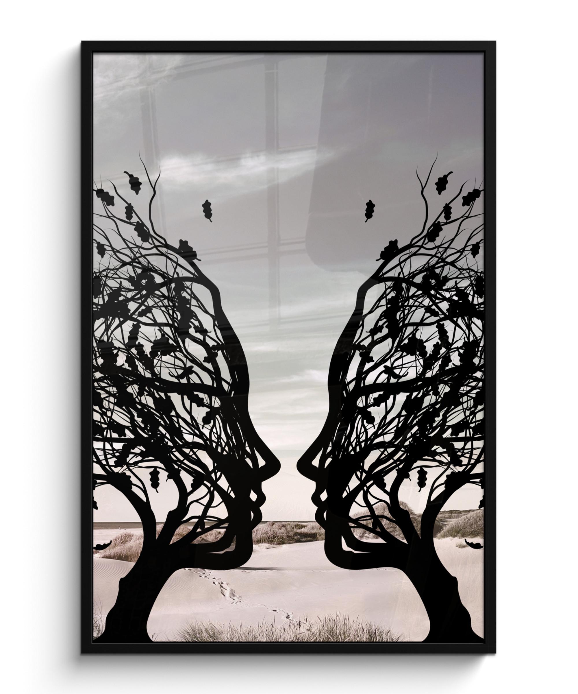 POSTER MIT RAHMEN Strand - Meer - Menschen - Baum - Moderne Kunst Bilderleiste 80x120 cm - Hellgrau, Papier (80/120cm) - MuchoWow