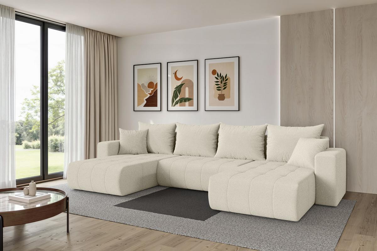 WOHNLANDSCHAFT mit Schlaffunktion und Bettkasten MILA-U 378x194x86 Beige Bouclé - Sandfarben/Beige, Holzwerkstoff/Kunststoff (378/86/194cm) - ALTDECOR