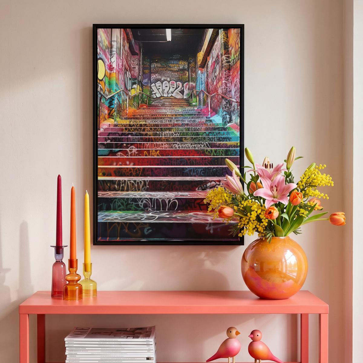 LEINWAND Bilder mit Rahmen - Treppe - Graffiti - Farben - Kunst - 40x60 - Multicolor, Textil (40/60cm) - MuchoWow