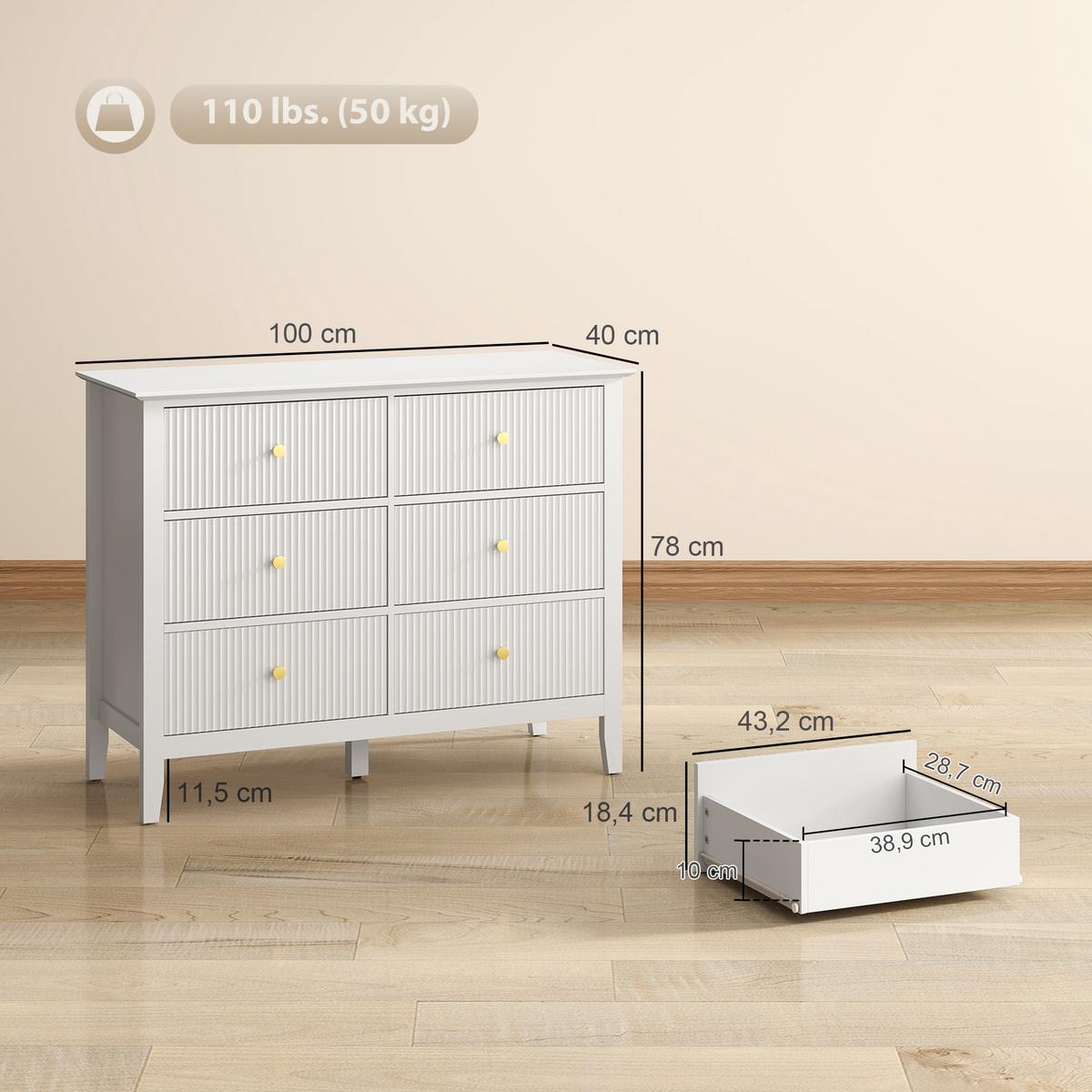 KOMMODE mit 6 Schubläden Weiß 100/40/78 cm - Goldfarben/Weiß, Holzwerkstoff/Metall (40/78/100cm) - HOMCOM